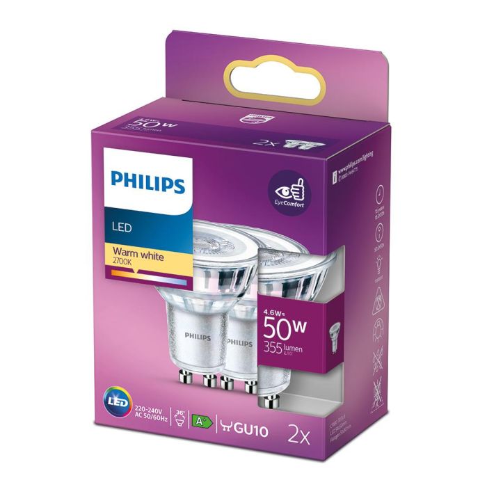 Philips Bombilla LED GU10 4.6W (Eq. 50W) 355lm 2700K Luz Cálida Dicroica Pack 2 Unidades 1 Philips Bombilla LED GU10 4.6W (Eq. 50W) 355lm 2700K Luz Cálida Dicroica Pack 2 Unidades 1