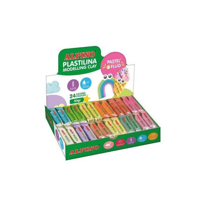 Plastilina Alpino Pastel/Fluor 50.Gr Caja 24 Surtidas (12 Pastel X 12 Fluor) 6 unidades