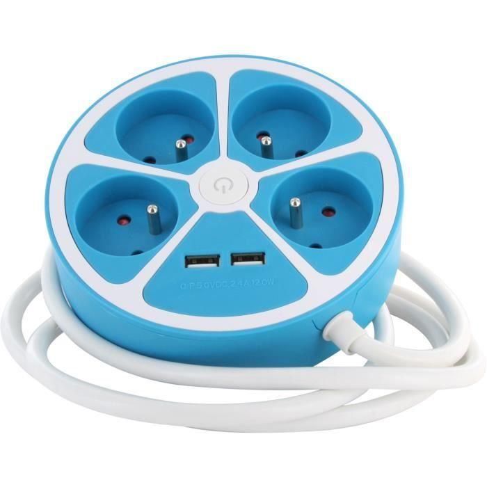 Regleta de diseño circular - CHACON - 4X16 A - Cable de 1,5 m - Con 2 USB-A + Switch - Azul