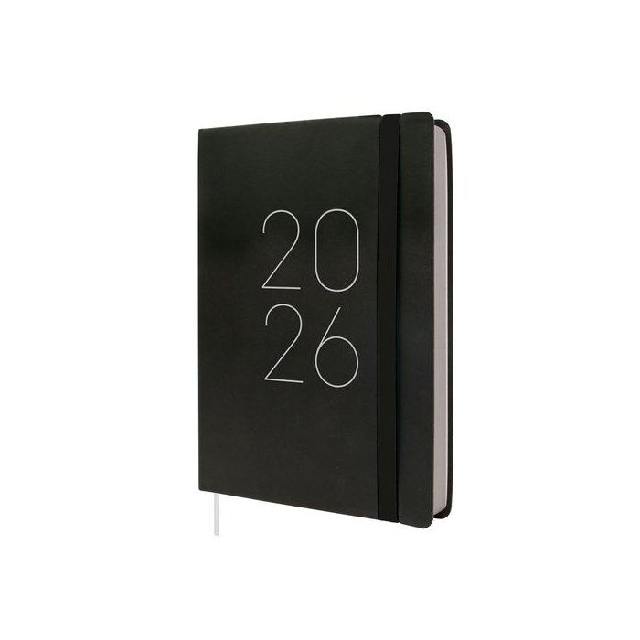 Finocam Fa5-148x210 mm Agenda Flexi Lisa 1 Día por Página Tapa Blanda Negro 2026 con Goma Elástica y Cinta Punto