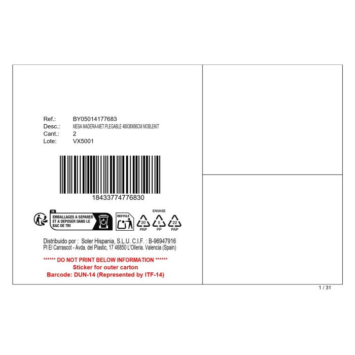 Inde Mesa Plegable Madera-Metal 48x38x66 cm 12mm Mdf 5.28 kg (2 Unidades) 7