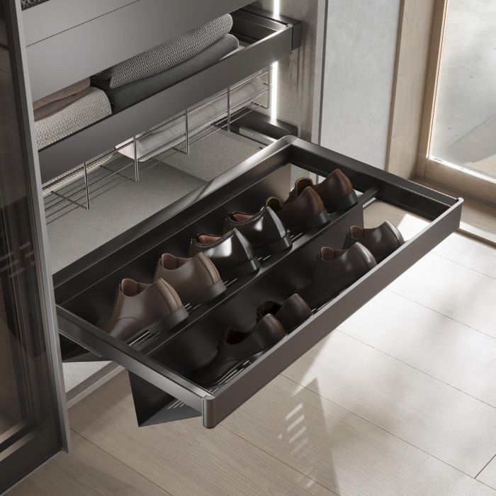 Emuca Kit de cajón zapatero extraíble para armarios Quartz, regulable, módulo 900mm, Acero, aluminio y plástico, Titanio 1