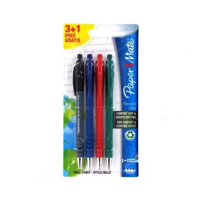 PaperMate Flexgrip Ultra RT M 3+1 S/B/R Bolígrafo Retráctil, Colores Negro, Azul, Verde, Rojo, Punta Mediana, Pack de 4