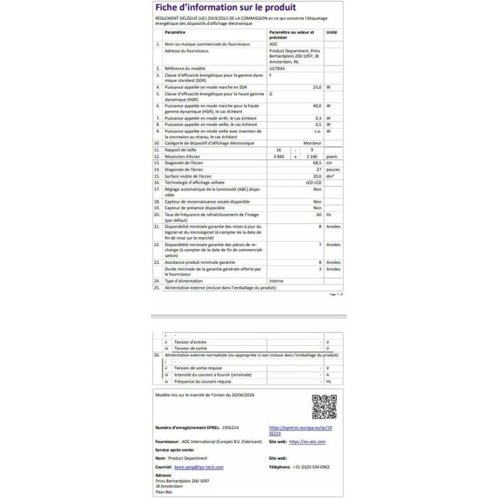 Monitor Gaming AOC U27B3A 27" 4K Ultra HD 36