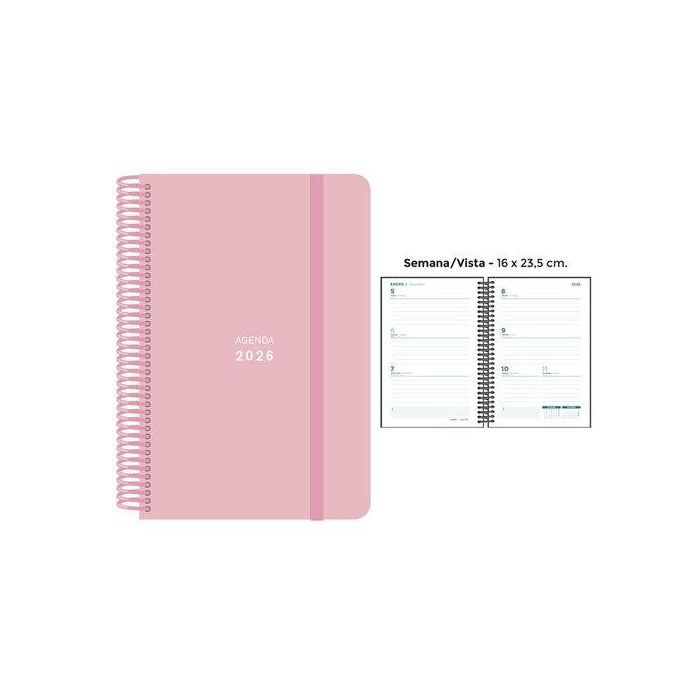 Agenda Anual (2026) Senfort Pastel Espiral Tapa Pp Con Goma 160X235 S/V Rosa