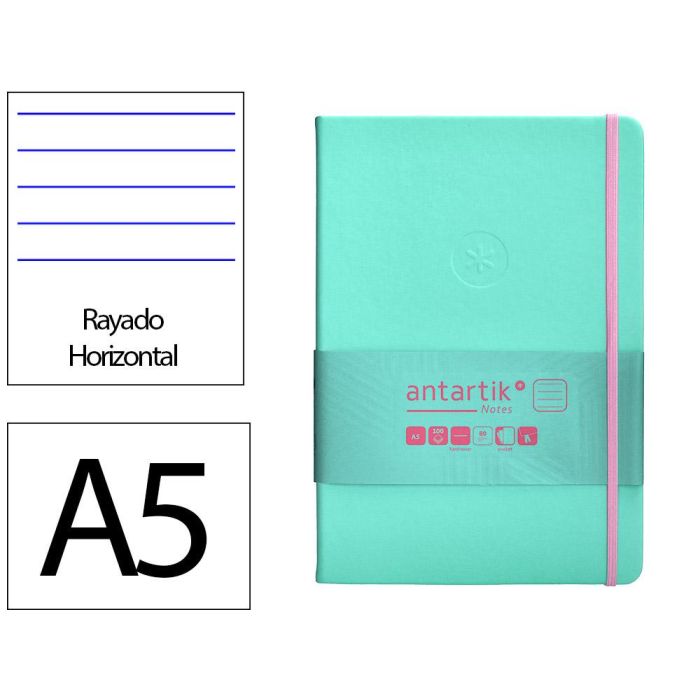 Cuaderno Con Gomilla Antartik Notes Tapa Dura A5 Hojas Rayas Rosa Y Turquesa 100 Hojas 80 gr Fsc