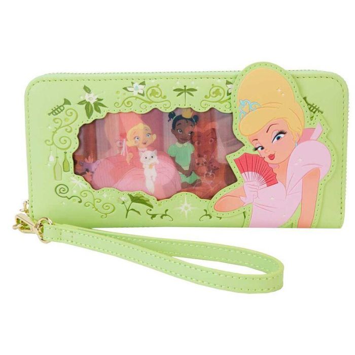Loungefly Cartera lenticular Disney Tiana y el Sapo Piel Vegana 20x10cm con Cremallera, Apliques y Ventana ID Libélula