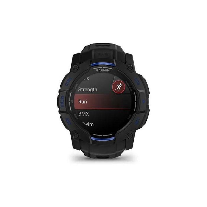 Garmin Instinct 3 Reloj Inteligente con Pantalla AMOLED de 45 mm, GPS, Caja de Aluminio y GFRP, Correa de Silicona Intercambiable Negro/Azul Bolt, Resistencia al Agua 10 ATM