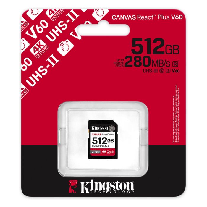 Kingston Tarjeta de Memoria SDXC Canvas React Plus 512GB Clase 10 UHS-II U3 V60 Velocidad 280MB/s Lectura 150MB/s Escritura XC