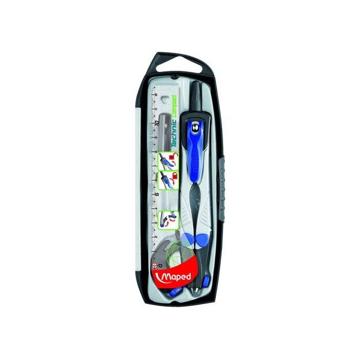Maped Compás Technic Compact con Adaptador, Estuche de Minas, Afilaminas y Regla - Estuche de 4 Piezas