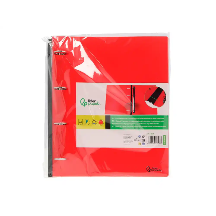 Liderpapel Carpeta 4 Anillas Redondas 25 mm Polipropileno DIN A4 Ultra Compacta Lomo Extensible 4 cm Rojo 7