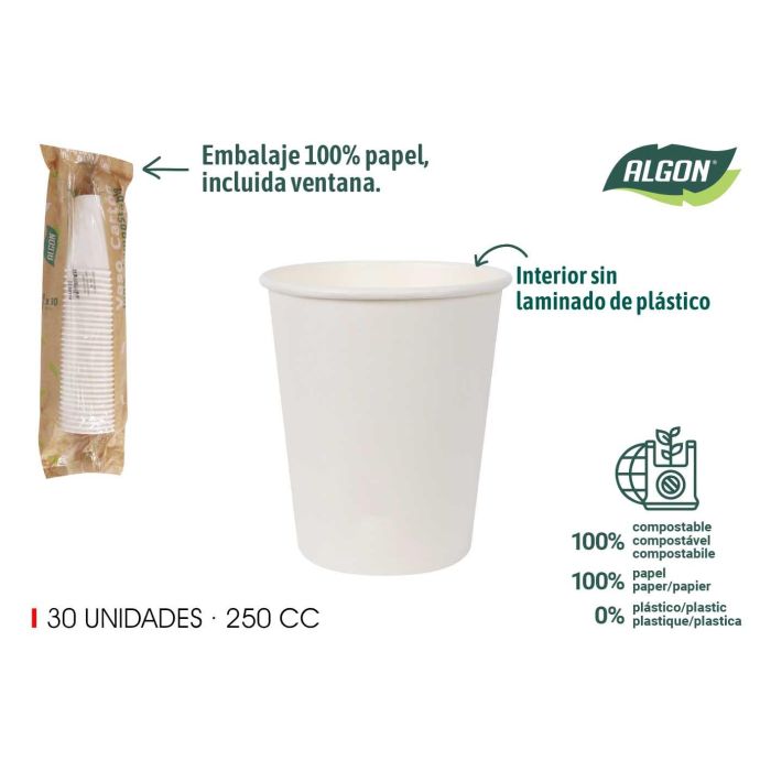 Set de 30 vasos blancos de cartón 250 cc Algon (20 Unidades) Set de 30 vasos blancos de cartón 250 cc Algon (20 Unidades)