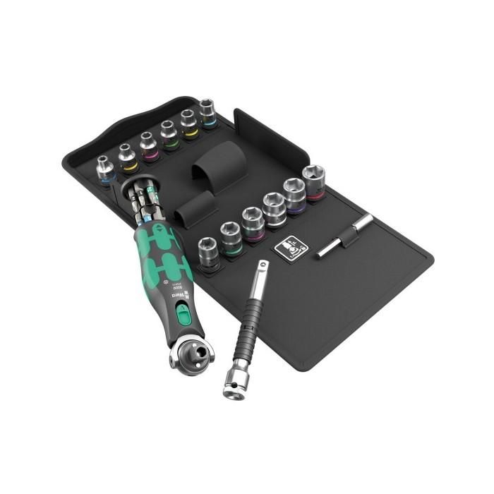 Wera 8009 Juego de Enchufes Zyklop Pocket Set 3, Llave Carraca / Destornillador 1/4" Métrico, 27 Piezas