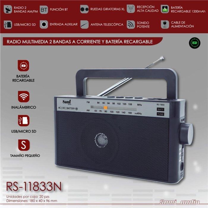 SAMI Radio Multimedia AC/DC, Alimentación por Batería, 2 Bandas, Negro