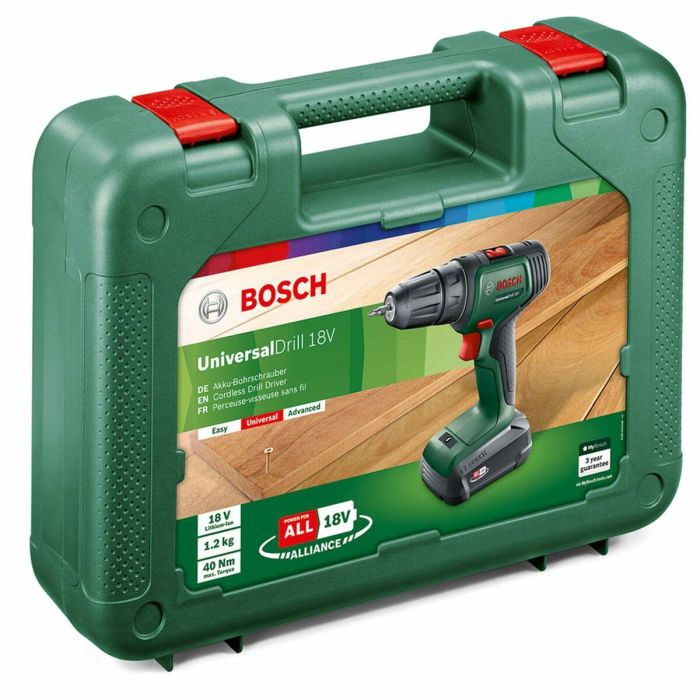 Bosch UniversalDrill 18 Taladro Atornillador Inalámbrico 18V para Madera, Metal, Plástico, con Batería 1.5Ah, Cargador y Maletín 2 Bosch UniversalDrill 18 Taladro Atornillador Inalámbrico 18V para Madera, Metal, Plástico, con Batería 1.5Ah, Cargador y Maletín 2