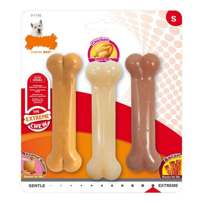 Nylabone Mordedores de Nylon Extremo Value Pack para Perros, Tamaño S, 3 Huesos Sabor Cacahuete, Original y Bacon