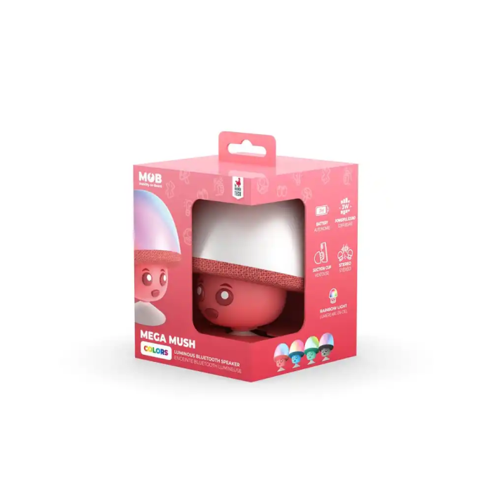 Wondee Altavoz Inalámbrico Bluetooth Mega Mush con Luz de Seta LED, Sonido Potente, Ventosa Mágica, Recargable Type-C, Rojo 5