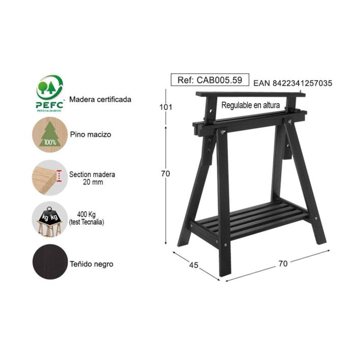 Astigarraga Caballete Architect Pino Macizo Negro - Cab005.59, Regulable en Altura 70-101 cm, Madera Certificada 4