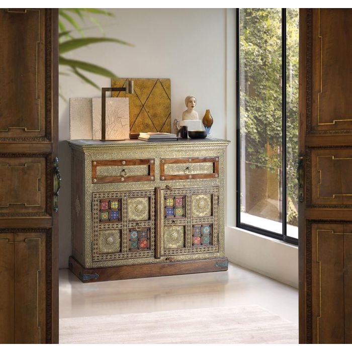 Giner y Colomer Cómoda de Madera de Acacia con Cerámica y Bronce, 90x105x40 cm 7