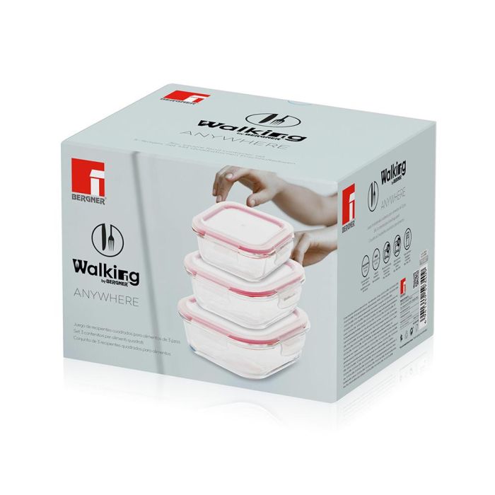 Bergner Set 3 fiambreras cuadradas Walking Anywhere, vidrio borosilicato, 320ml/520ml/800ml, Bg-20251-rd 3 Bergner Set 3 fiambreras cuadradas Walking Anywhere, vidrio borosilicato, 320ml/520ml/800ml, Bg-20251-rd 3
