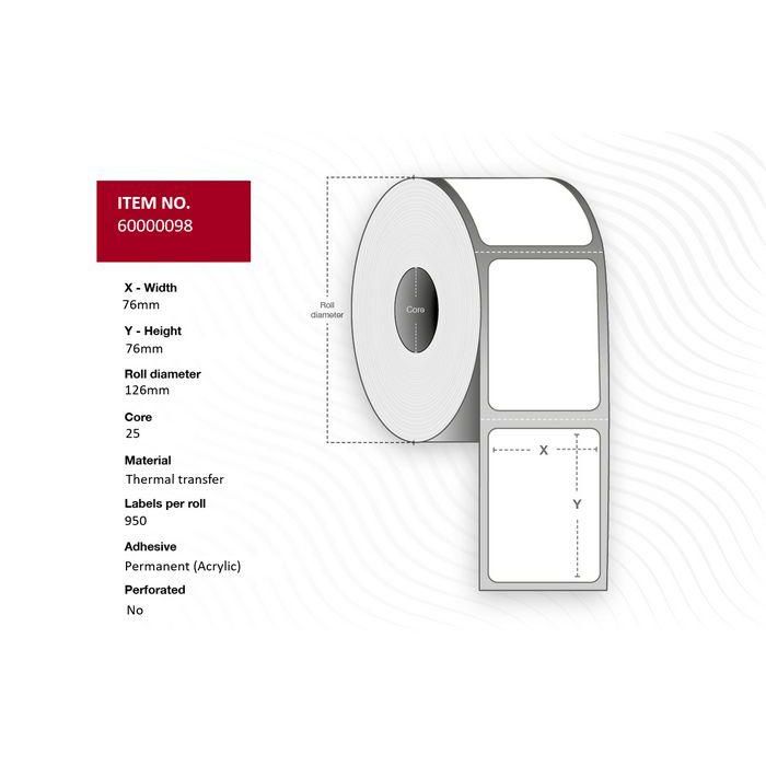 Capture Capture Label 76 x 76 Core 25 Ø 122 mm. White. TT. Permanent. 950 labels per roll. 12 rolls per box.