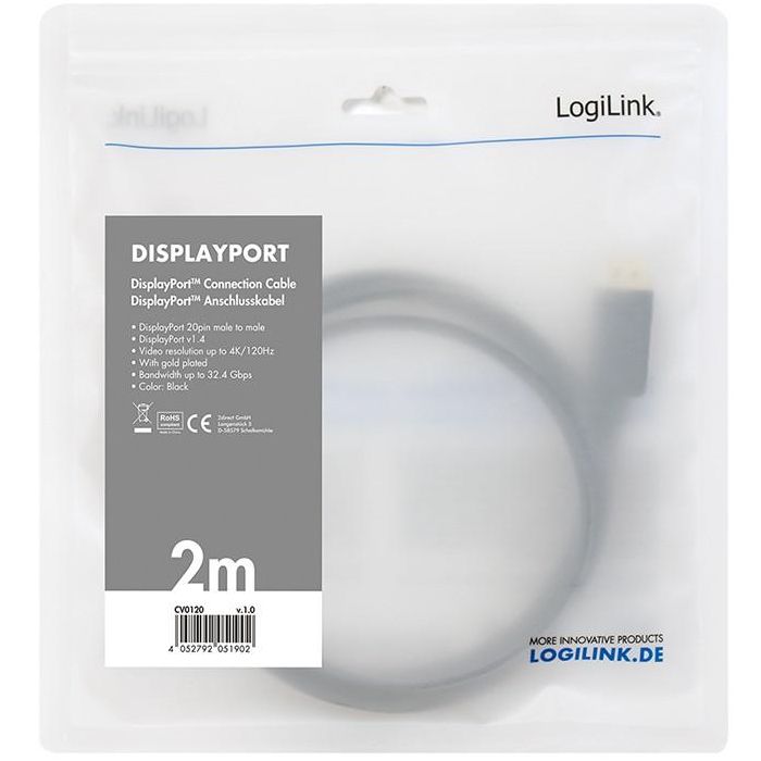 LogiLink CV0120 Cable DisplayPort 1.4 Macho-Macho 2m Negro 8K 60Hz 4