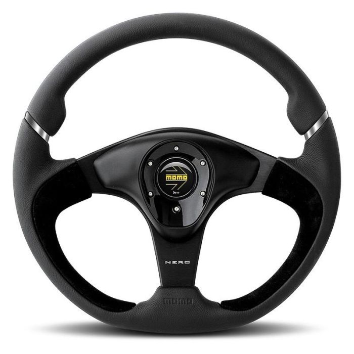 Momo MOMVNERO35000NER Volante Deportivo Nero 350 mm Piel Negra Ovalado para Tuning con Bocina y Radios Negros Brillantes