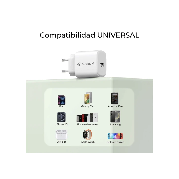 SUBBLIM Cargador USB-C GaN 20W PD 3.0 PPS SUBCHG-6G2001 Carga Rápida para iPhone, iPad, Galaxy, Pixel, Xiaomi Ultraportátil y Seguro
