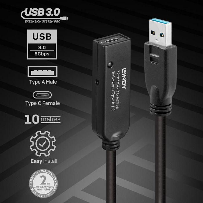 Lindy 43376 - Cable Extensión Activo USB 3.0 de 10m Tipo A a C, 5Gbps para Periféricos 3
