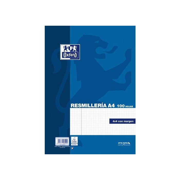 Oxford Recambio Classic 100 Hojas A4 90 gr Cuadrícula 4x4 mm Margen Azul OptikPaper