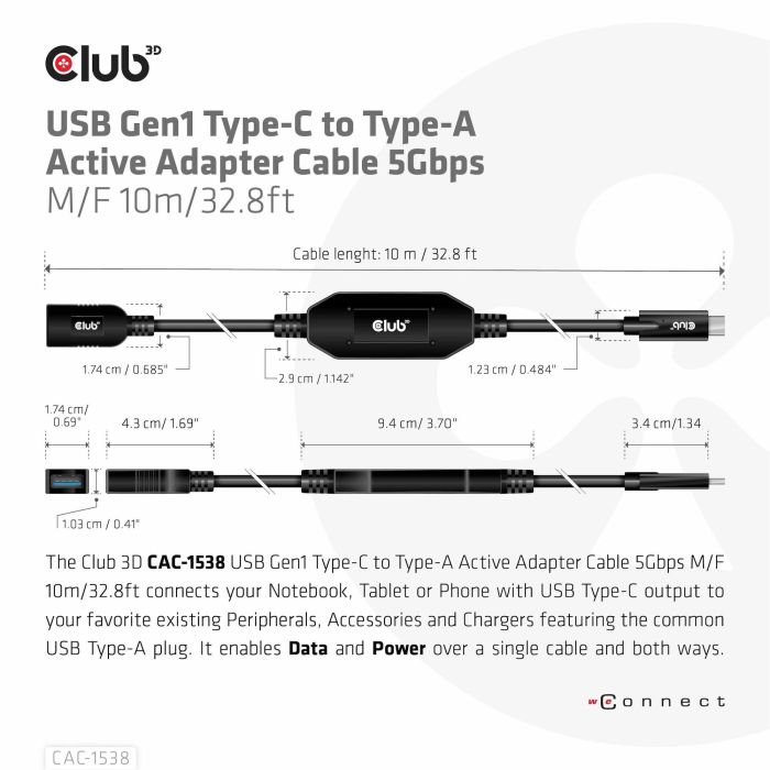 Club3D Cable USB 3.2 Tipo C a USB Tipo A 5Gbps Macho/Hembra 10m 3 Club3D Cable USB 3.2 Tipo C a USB Tipo A 5Gbps Macho/Hembra 10m 3
