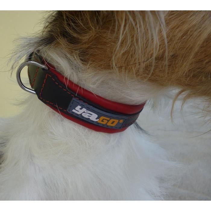 Collar de cuero negro y rojo suave y ajustable YAGO para perros medianos, talla M 34-43 cm 2