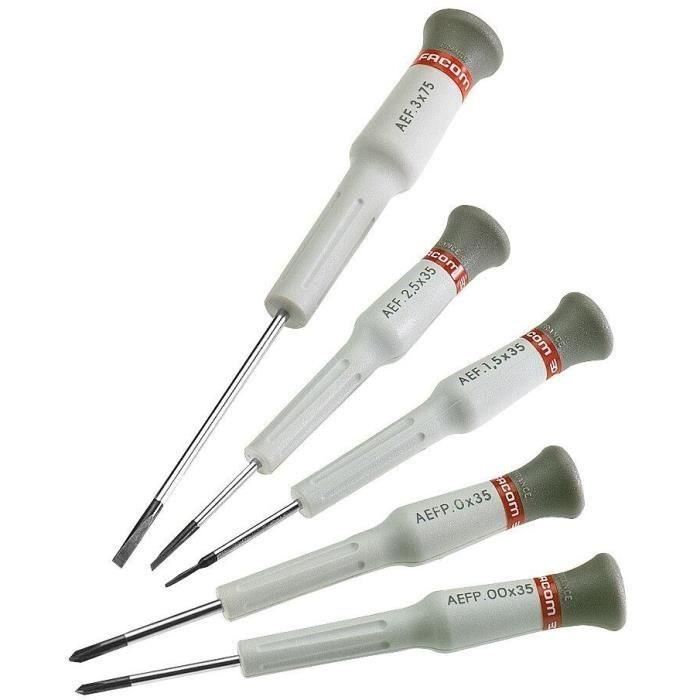 Facom Set 5 Destornilladores de Precisión con Cabezal Giratorio: 3 Planos (1.5x35, 2x35, 3x75), 2 Phillips (0x35, 00x35) Facom Set 5 Destornilladores de Precisión con Cabezal Giratorio: 3 Planos (1.5x35, 2x35, 3x75), 2 Phillips (0x35, 00x35)