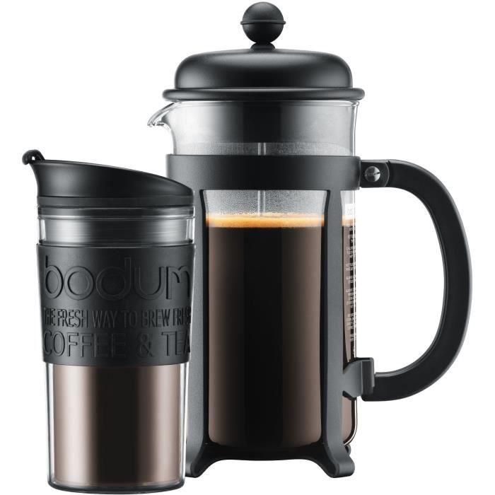 Bodum BOD0727015122465 Cafetera de prensa francesa JAVA SET 8 tazas (1,0 L) con taza isotérmica de plástico 0,35 L