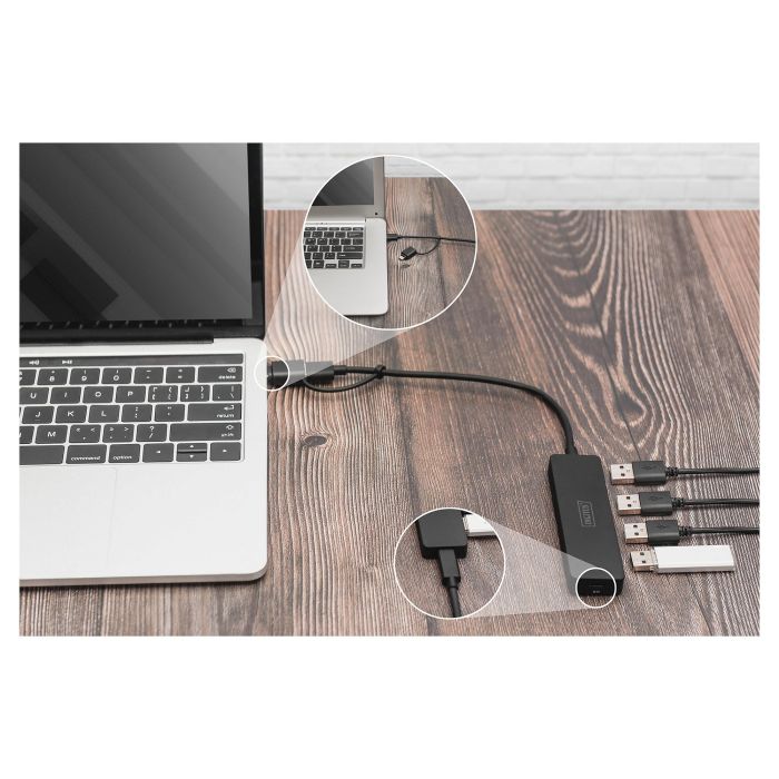 DIGITUS Hub USB 3.0 de 4 Puertos Slim con Adaptador USB-C y Cable de 0,2m 1