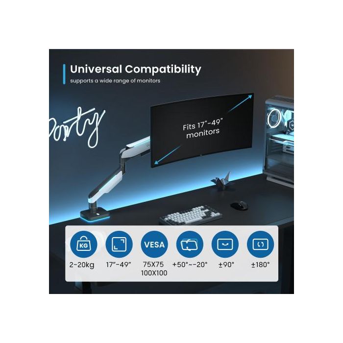 Ewent Soporte Mesa EW1509 Vesa Hasta 49 Pulgadas, RGB, Ajuste Ergonómico, 20 kg, 75x75/100x100 mm, Negro Mate y Gris Claro 2
