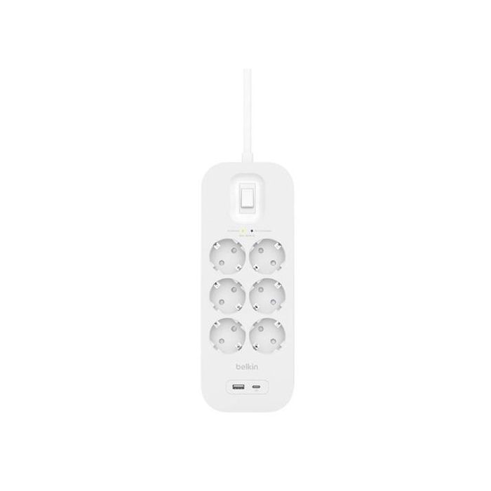 Belkin Regleta de Protección Contra Sobretensiones, 6 Tomas + USB + USB-C, 2 Metros, Blanco Belkin Regleta de Protección Contra Sobretensiones, 6 Tomas + USB + USB-C, 2 Metros, Blanco