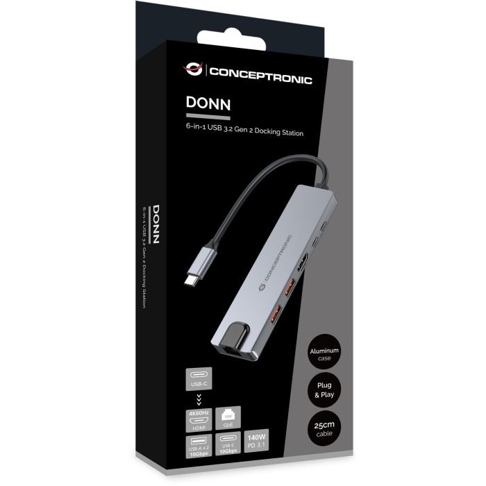 Conceptronic DONN29G Docking Station Gris USB Tipo-C, HDMI 4K@60Hz, USB 3.2 Gen 2, Gigabit Ethernet, USB PD 140W, 10Gbps 4