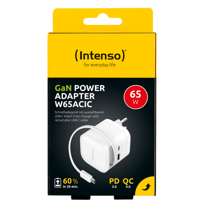 Intenso Cargador de Pared GAN W65ACIC 65W, 3 Puertos (2 USB-C/1 USB-A), PD 3.0, PPS, QC 4.0, Blanco 3