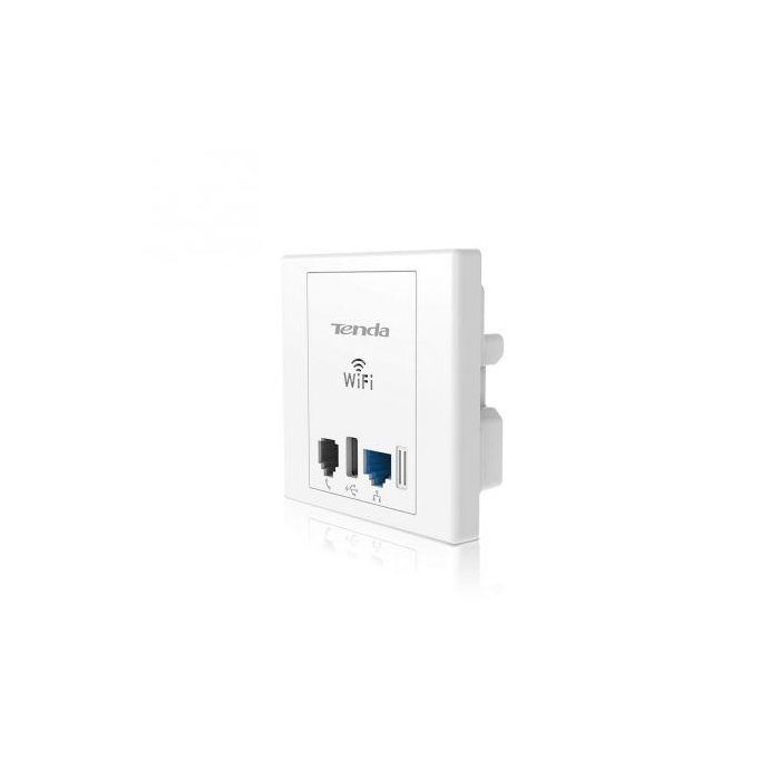 ADAPTADOR DE ENCHUFE TENDA W6 - VALIDO PARA PARED - WIFI N 300MBPS - 2XPUERTOS DE RED - 1XUSB 2.0 (CARGA) - 1XRJ11 - INCLUYE CAJA PARA EMPOTRAR 1