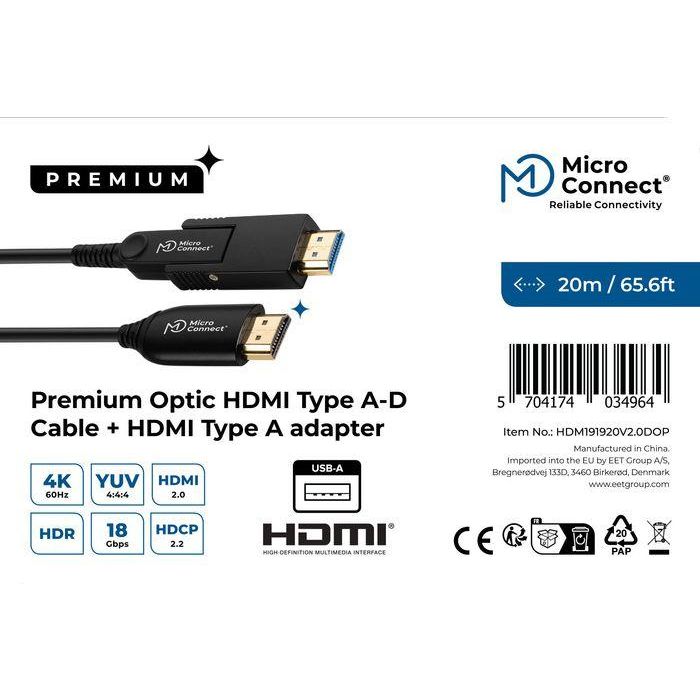 MicroConnect Cable HDMI Fibra Óptica Premium Tipo A - Tipo D, 2.0, 20m, con Adaptador HDMI Tipo A 2