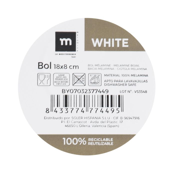 Bol de melamina mate blanco 18x8 cm - La Mediterranea (24 Unidades) 1 Bol de melamina mate blanco 18x8 cm - La Mediterranea (24 Unidades) 1