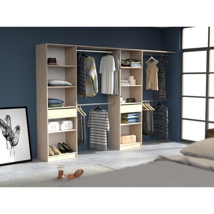 EKIPA Vestidor extensible - 2 columnas con 2 cajones y 10 estantes + 4 armarios - Decoración roble - L 320 x P 40 x H 200 cm - DUO 1 EKIPA Vestidor extensible - 2 columnas con 2 cajones y 10 estantes + 4 armarios - Decoración roble - L 320 x P 40 x H 200 cm - DUO 1