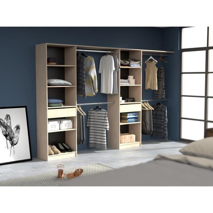 EKIPA Vestidor extensible - 2 columnas con 2 cajones y 10 estantes + 4 armarios - Decoración roble - L 320 x P 40 x H 200 cm - DUO 2 EKIPA Vestidor extensible - 2 columnas con 2 cajones y 10 estantes + 4 armarios - Decoración roble - L 320 x P 40 x H 200 cm - DUO 2
