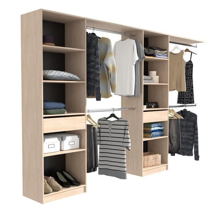 EKIPA Vestidor extensible - 2 columnas con 2 cajones y 10 estantes + 4 armarios - Decoración roble - L 320 x P 40 x H 200 cm - DUO 4 EKIPA Vestidor extensible - 2 columnas con 2 cajones y 10 estantes + 4 armarios - Decoración roble - L 320 x P 40 x H 200 cm - DUO 4