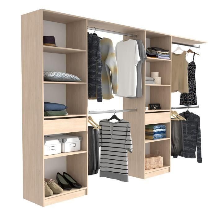 EKIPA Vestidor extensible - 2 columnas con 2 cajones y 10 estantes + 4 armarios - Decoración roble - L 320 x P 40 x H 200 cm - DUO 5 EKIPA Vestidor extensible - 2 columnas con 2 cajones y 10 estantes + 4 armarios - Decoración roble - L 320 x P 40 x H 200 cm - DUO 5