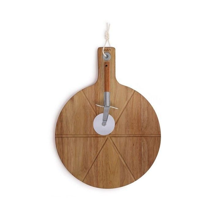 Livoo MES158 Juego de Pizza con Tabla para Servir de Madera de Acacia de 30x45 cm, Incluye 1 Cortador de Pizza y Mango con Orificio para Colgar 2