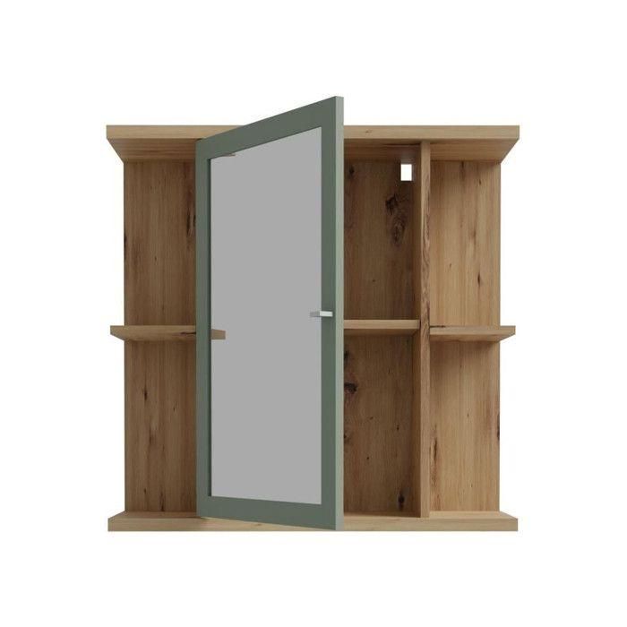 Armario mural - Roble artesanal / Verde salvia - 1 puerta con espejo - Mueble de baño - 69,9 x 23,2 x 68,8 cm 3