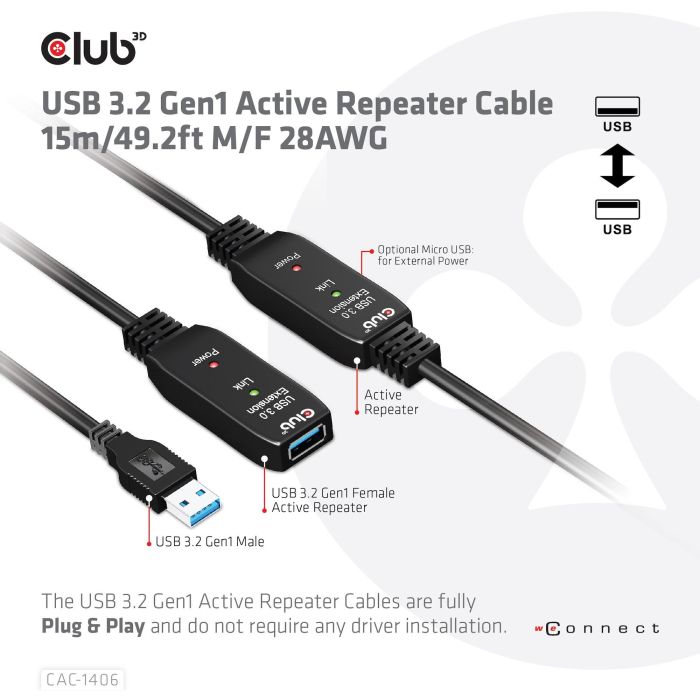 Club3D USB 3.2 Cable de Extensión Activo 15m 5 Gbps Macho/Hembra 3