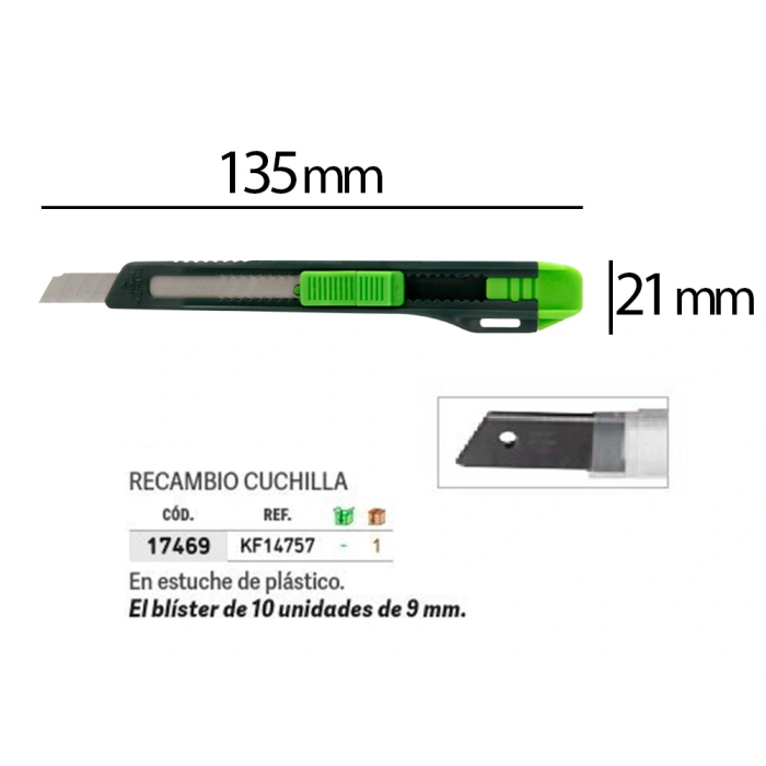 Q-connect Cuter Estrecho Plástico con Asa y Cuchilla 9mm, Retráctil e Intercambiable, XD-07, Blíster 1 Unidad 1